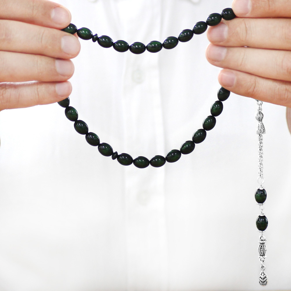 Yeni Döküm Katalin Tesbih - Kararmaz Metal Püsküllü - Sedefli Yeşil Renk - Arpa Kesim - 3