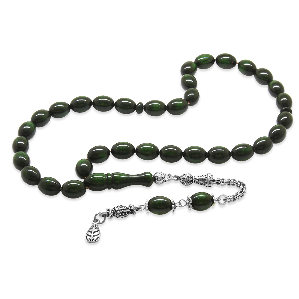 Yeni Döküm Katalin Tesbih - Kararmaz Metal Püsküllü - Sedefli Yeşil Renk - Arpa Kesim - 4