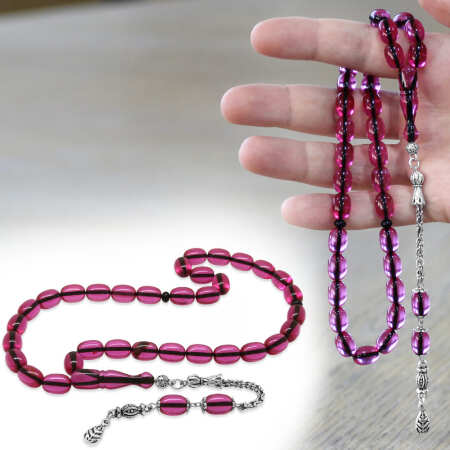Yeni Döküm Katalin Tesbih - Şeffaf İp Yolu - Kararmaz Metal Püsküllü - Fuşya Renk - Kapsül Kesim - Tesbihane