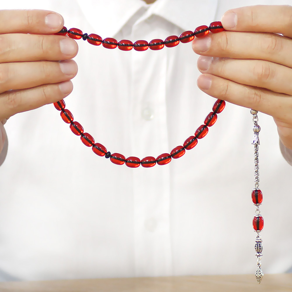 Yeni Döküm Katalin Tesbih - Şeffaf İp Yolu - Kararmaz Metal Püsküllü - Kırmızı Renk - Kapsül Kesim - 3