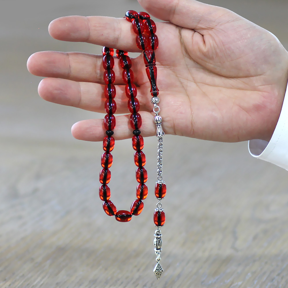 Yeni Döküm Katalin Tesbih - Şeffaf İp Yolu - Kararmaz Metal Püsküllü - Kırmızı Renk - Kapsül Kesim - 2