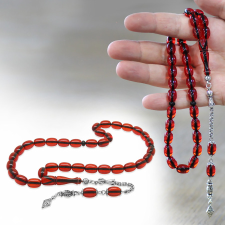 Yeni Döküm Katalin Tesbih - Şeffaf İp Yolu - Kararmaz Metal Püsküllü - Kırmızı Renk - Kapsül Kesim - Tesbihane