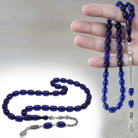 Yeni Döküm Katalin Tesbih - Şeffaf İp Yolu - Kararmaz Metal Püsküllü - Lacivert Renk - Kapsül Kesim - Tesbihane