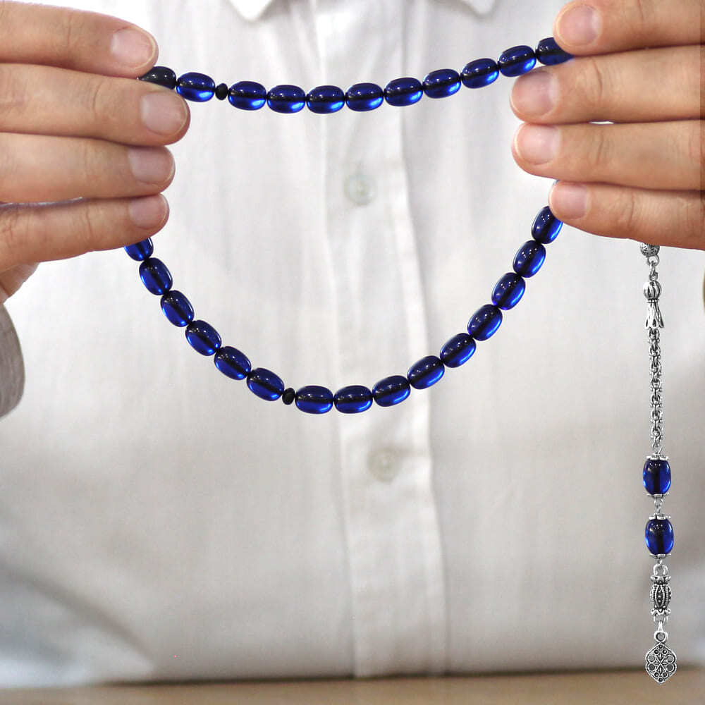 Yeni Döküm Katalin Tesbih - Şeffaf İp Yolu - Kararmaz Metal Püsküllü - Lacivert Renk - Kapsül Kesim - 3