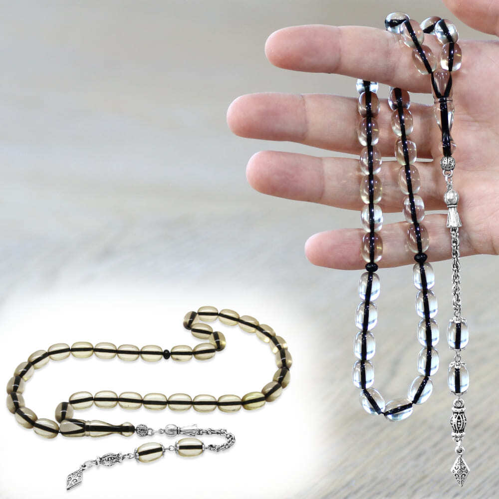 Yeni Döküm Katalin Tesbih - Şeffaf İp Yolu - Kararmaz Metal Püsküllü - Beyaz - Kapsül Kesim - 1