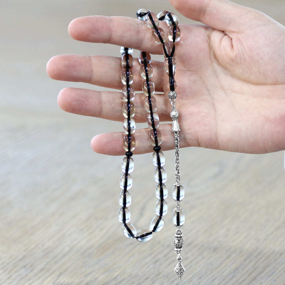 Yeni Döküm Katalin Tesbih - Şeffaf İp Yolu - Kararmaz Metal Püsküllü - Beyaz - Kapsül Kesim - 2