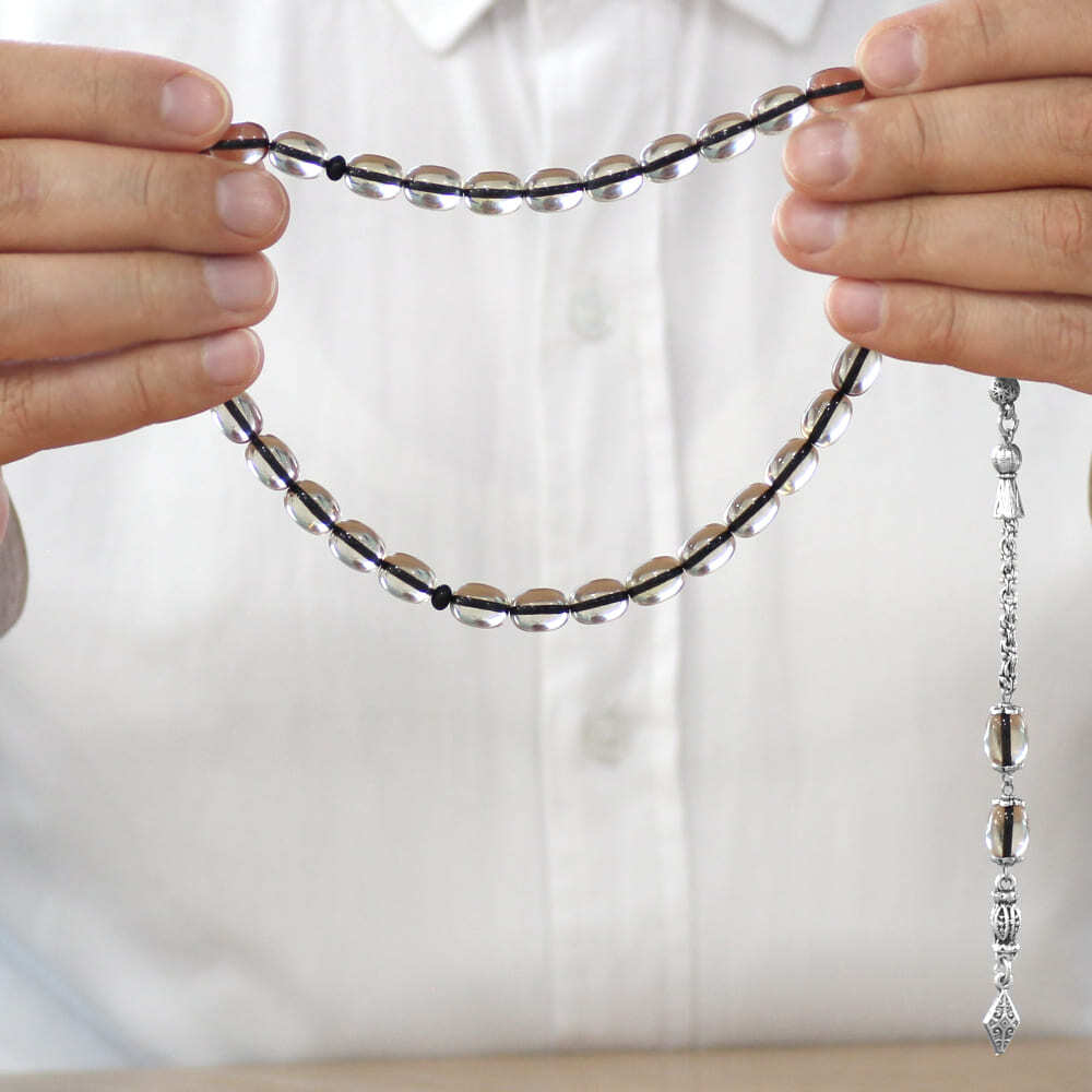 Yeni Döküm Katalin Tesbih - Şeffaf İp Yolu - Kararmaz Metal Püsküllü - Beyaz - Kapsül Kesim - 3