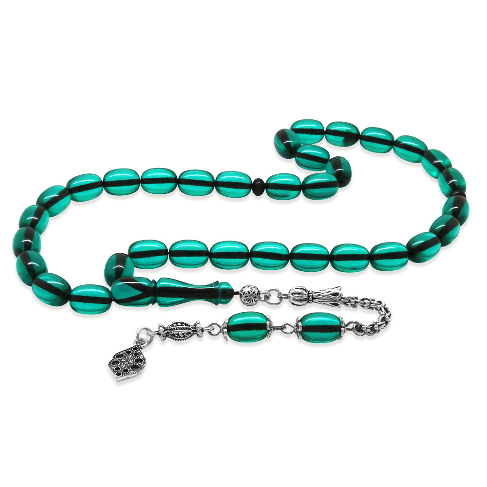 Yeni Döküm Katalin Tesbih - Şeffaf İp Yolu - Kararmaz Metal Püsküllü - Su Yeşili Renk - Kapsül Kesim - 4