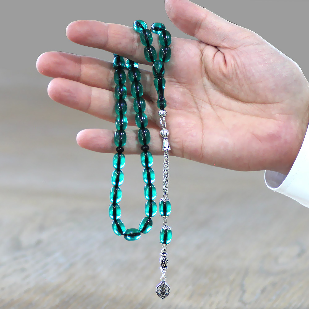 Yeni Döküm Katalin Tesbih - Şeffaf İp Yolu - Kararmaz Metal Püsküllü - Su Yeşili Renk - Kapsül Kesim - 2