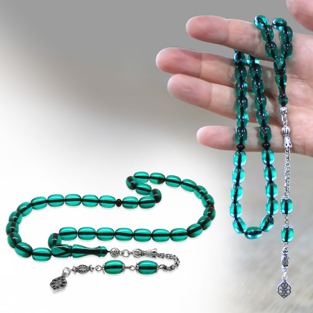 Yeni Döküm Katalin Tesbih - Şeffaf İp Yolu - Kararmaz Metal Püsküllü - Su Yeşili Renk - Kapsül Kesim - Tesbihane