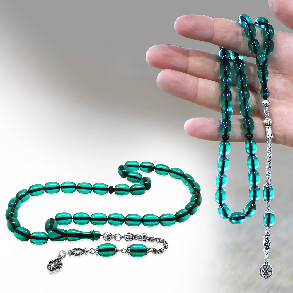 Yeni Döküm Katalin Tesbih - Şeffaf İp Yolu - Kararmaz Metal Püsküllü - Su Yeşili Renk - Kapsül Kesim - 1