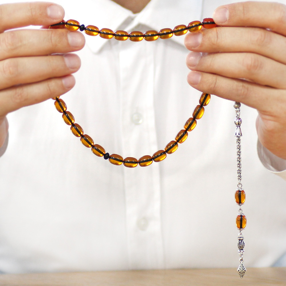 Yeni Döküm Katalin Tesbih - Şeffaf İp Yolu - Kararmaz Metal Püsküllü - Turuncu Renk - Kapsül Kesim - 3