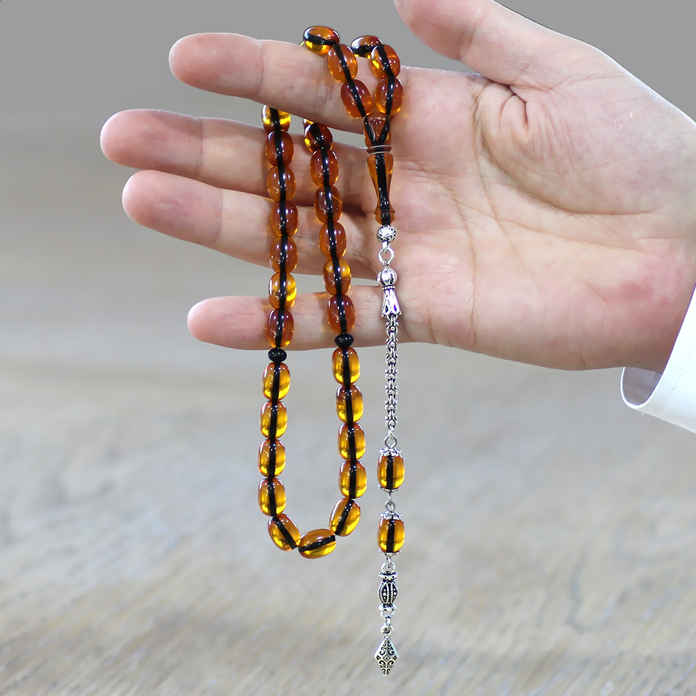 Yeni Döküm Katalin Tesbih - Şeffaf İp Yolu - Kararmaz Metal Püsküllü - Turuncu Renk - Kapsül Kesim - 2