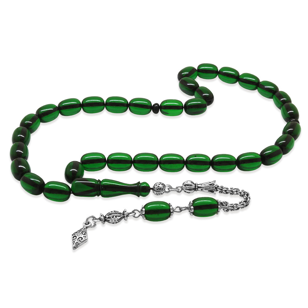 Yeni Döküm Katalin Tesbih - Şeffaf İp Yolu - Kararmaz Metal Püsküllü - Yeşil Renk - Kapsül Kesim - 4