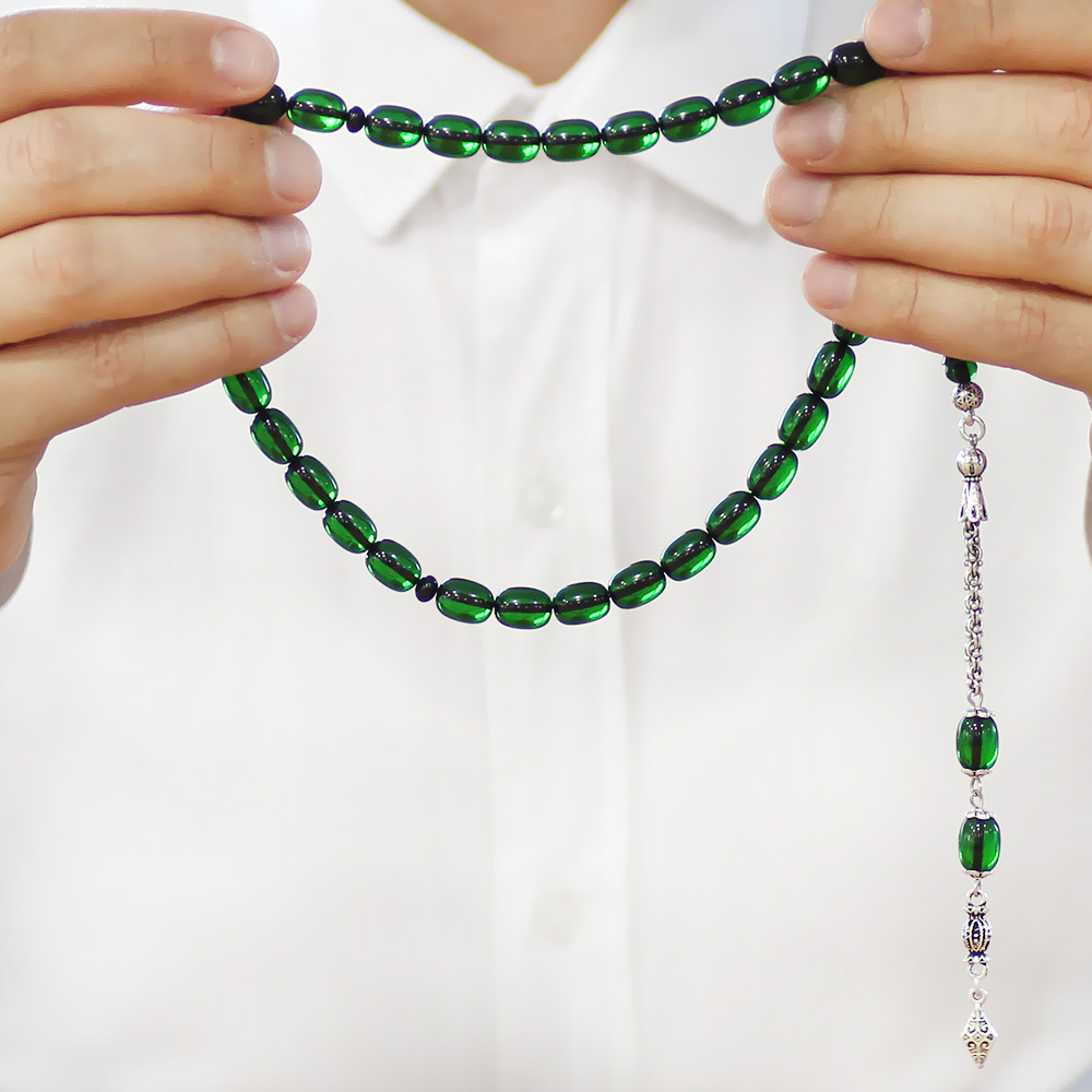 Yeni Döküm Katalin Tesbih - Şeffaf İp Yolu - Kararmaz Metal Püsküllü - Yeşil Renk - Kapsül Kesim - 3