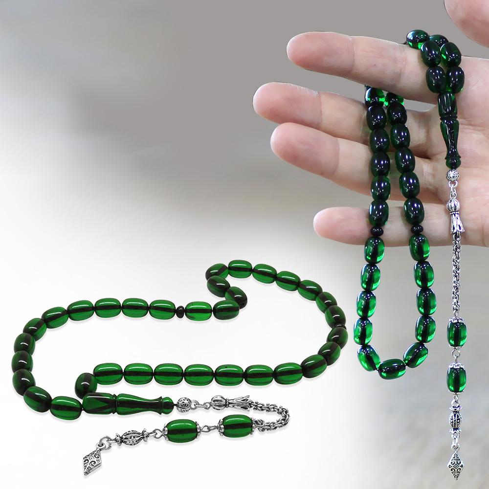 Yeni Döküm Katalin Tesbih - Şeffaf İp Yolu - Kararmaz Metal Püsküllü - Yeşil Renk - Kapsül Kesim - 1