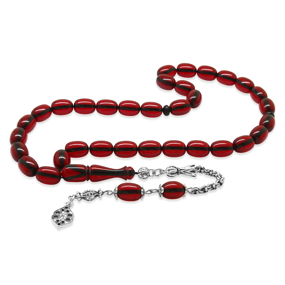 Yeni Döküm Katalin Tesbih - Şeffaf İp Yolu - Metal Püsküllü - Koyu Kırmızı Renk - Kapsül Kesim - 4