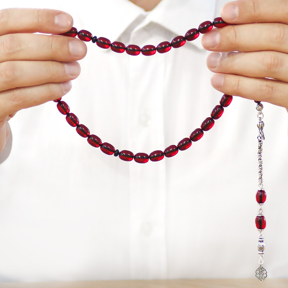 Yeni Döküm Katalin Tesbih - Şeffaf İp Yolu - Metal Püsküllü - Koyu Kırmızı Renk - Kapsül Kesim - 3