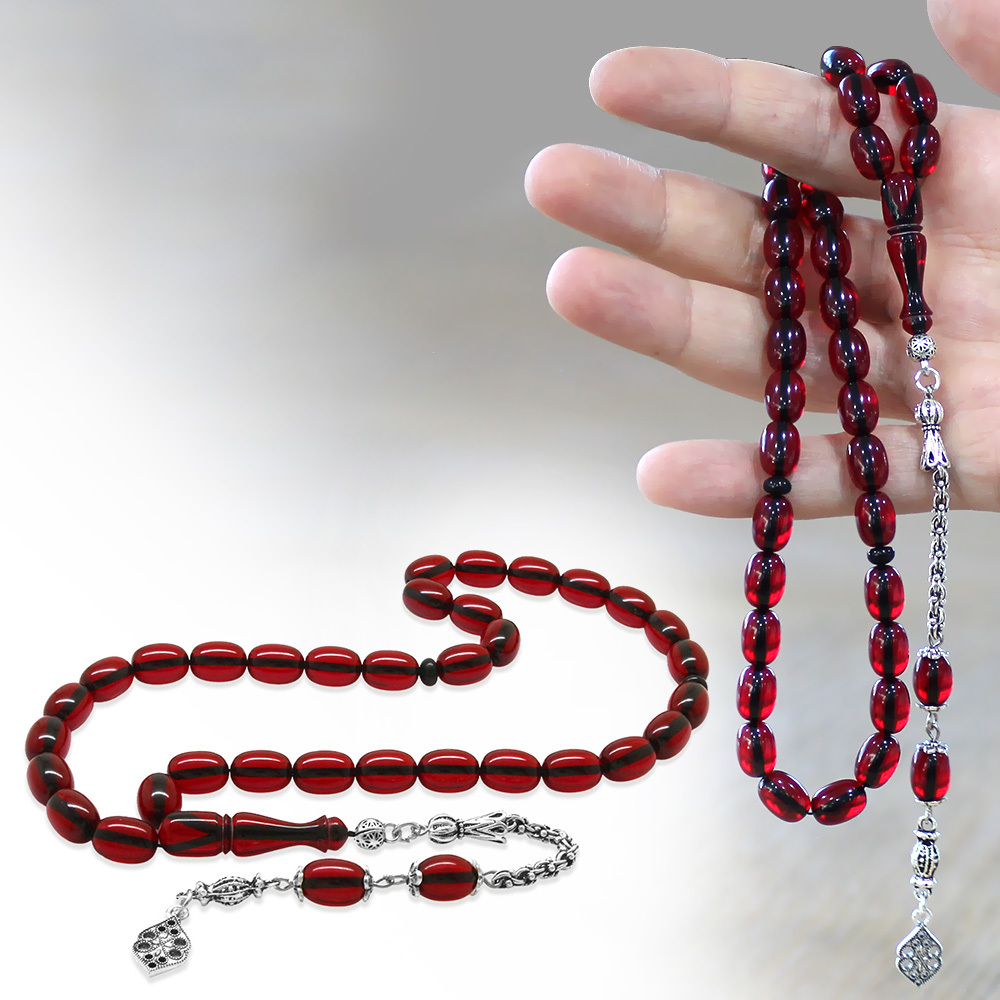 Yeni Döküm Katalin Tesbih - Şeffaf İp Yolu - Metal Püsküllü - Koyu Kırmızı Renk - Kapsül Kesim - 1