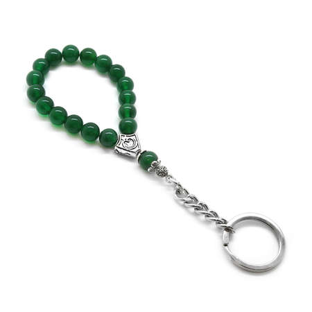 Yeşil Akik Doğaltaş ve Krom Çelik Bileşim Tesbih Anahtarlık - Tesbihane