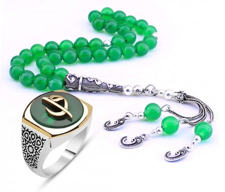 Yeşil Akikli Gümüş Elif Vav Yüzük - Gümüş Elif Vav İmame-Püsküllü Akik Tesbih - Tesbihane