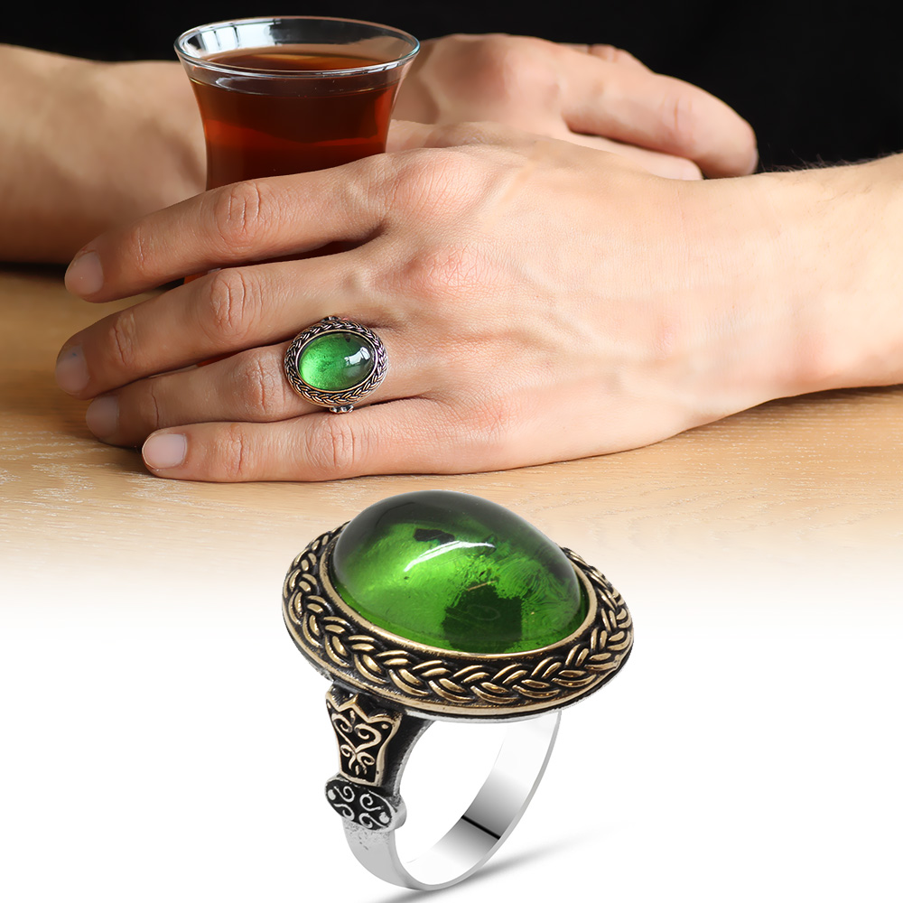 Yeşil Ateş Kehribar Taşlı Oval Tasarım 925 Ayar Gümüş Erkek Yüzük - 1