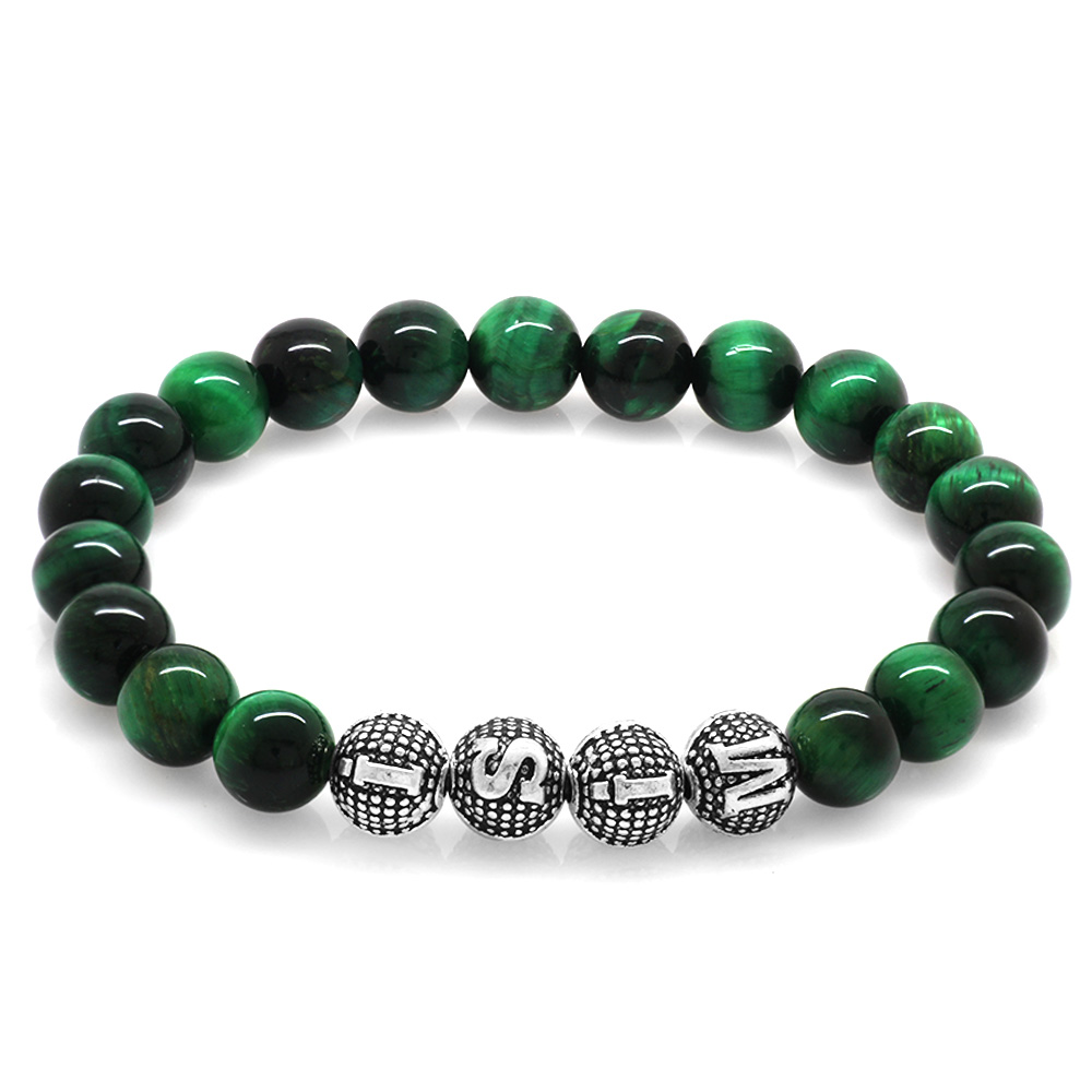 Yeşil Kaplan Gözü Doğaltaş Bileklik - İsme Özel Yazılı - Metal Kombinli - Küre Kesim - 3
