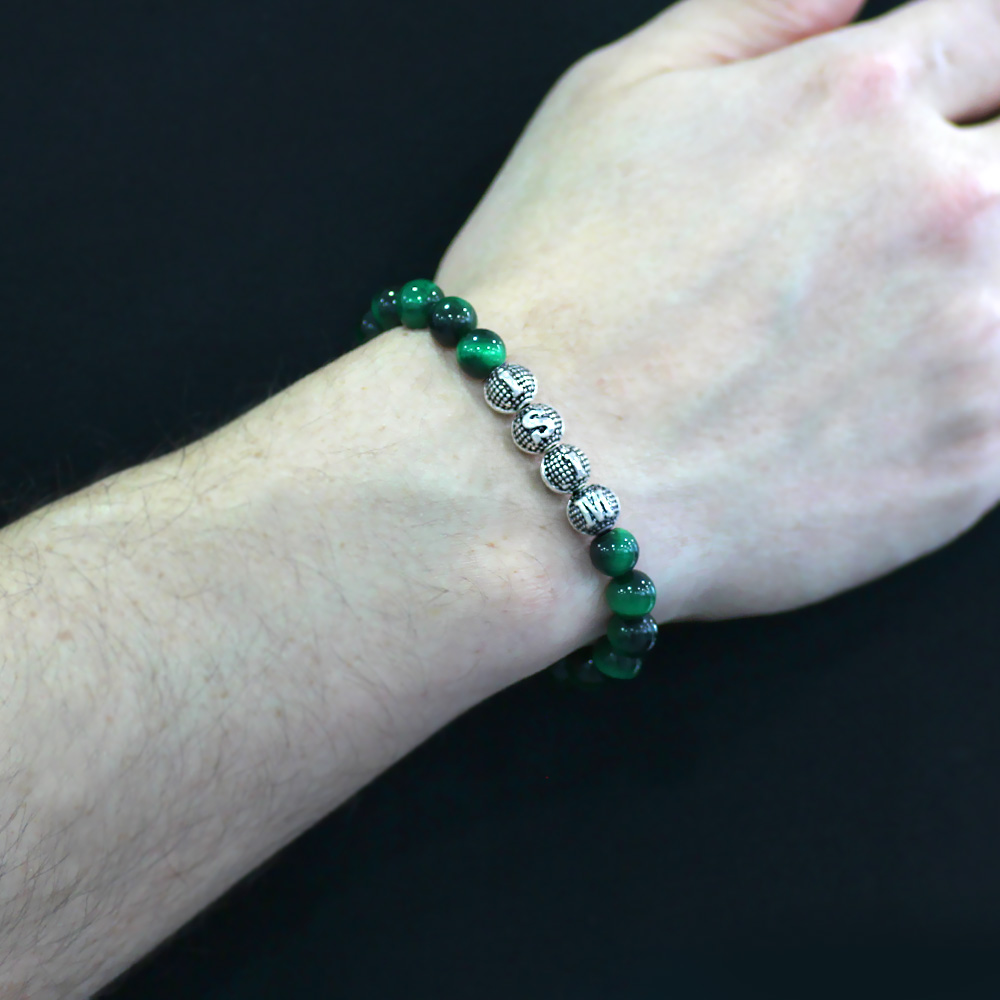 Yeşil Kaplan Gözü Doğaltaş Bileklik - İsme Özel Yazılı - Metal Kombinli - Küre Kesim - 2