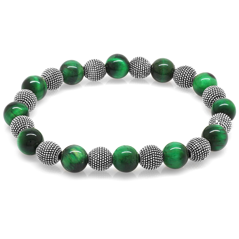 Yeşil Kaplan Gözü Doğaltaş Bileklik - Metal Kombinli - Küre Kesim - 3