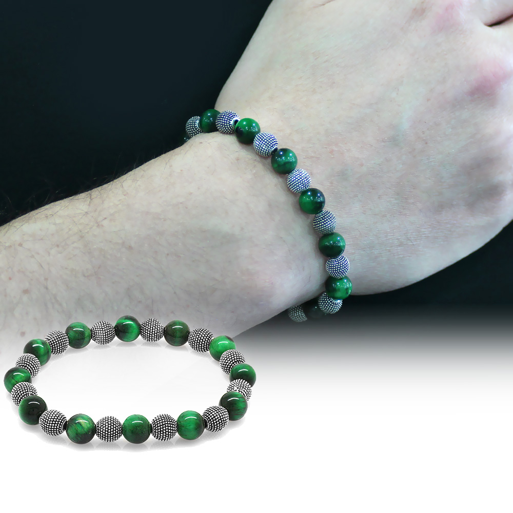 Yeşil Kaplan Gözü Doğaltaş Bileklik - Metal Kombinli - Küre Kesim - 1