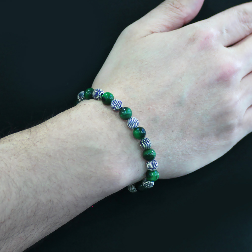 Yeşil Kaplan Gözü Doğaltaş Bileklik - Metal Kombinli - Küre Kesim - 2