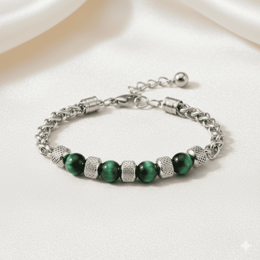 Yeşil Kaplan Gözü ve Çelik Bileşim Uzunluk Ayarlanabilir Avangart Erkek Bileklik - 3