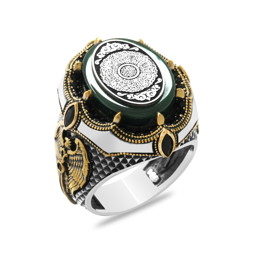 Yeşil Kehribar Taş Üzerine Hüsnü Hat İnşirah Suresi Yazılı Oval Tasarım 925 Ayar Gümüş Erkek Yüzük - 1