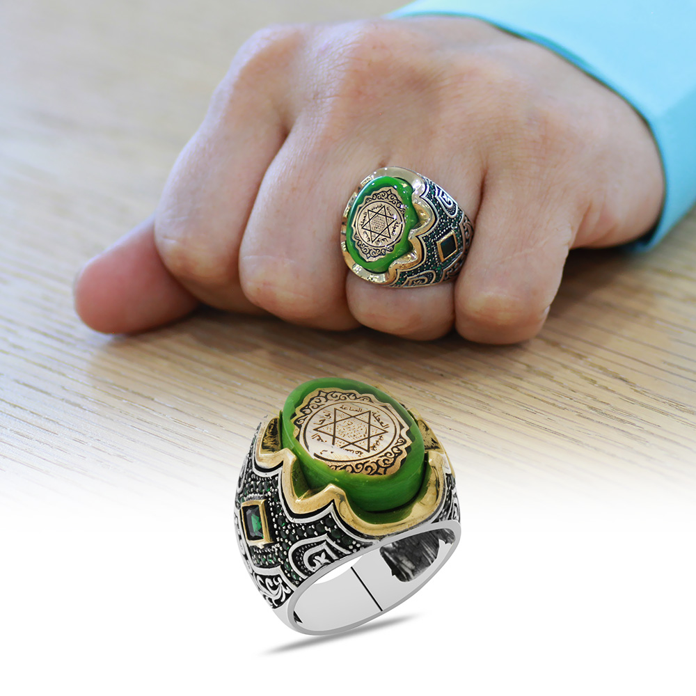 Yeşil Kehribar Üzerine Mührü Süleyman İşlemeli 925 Ayar Gümüş Erkek Yüzük - 1