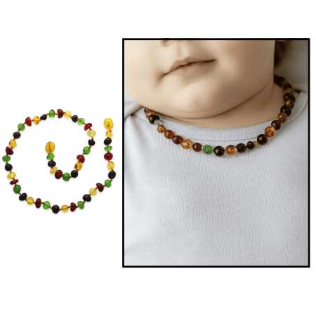 Yeşil Kırmızı Renk Natural Form Doğal Damla Kehribar Taşlı Bebek Diş Kolyesi - Tesbihane