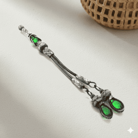 Yeşil Zirkon Taşlı 1000 Ayar Gümüş Kazaz 2 li Püskül - Tesbihane