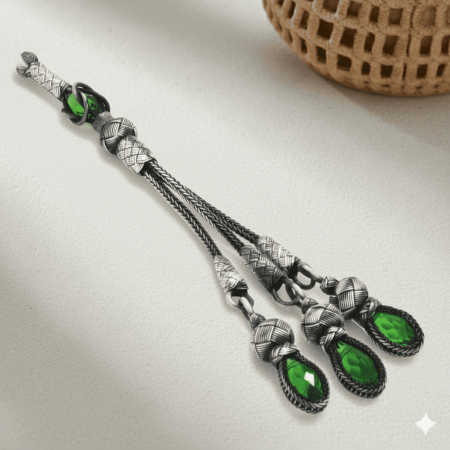 Yeşil Zirkon Taşlı 3 lü 1000 Ayar Gümüş Kazaz Püskül - Tesbihane