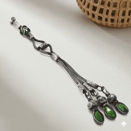 Yeşil Zirkon Taşlı 3 lü Uzun Model 1000 Ayar Gümüş Kazaz Püskül - Tesbihane