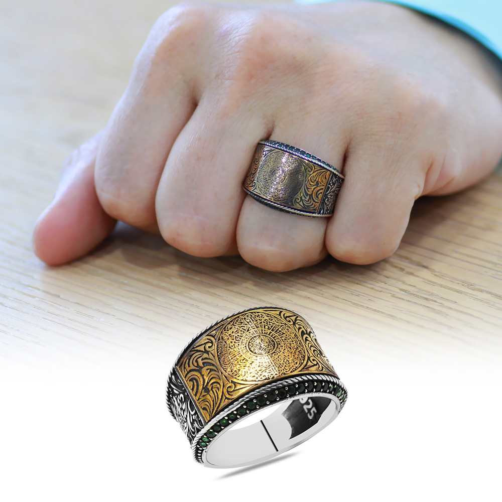 Yeşil Zirkon Taşlı Hüsnü Hat İnşirah Suresi Yazılı 925 Ayar Gümüş Erkek Yüzük - 1