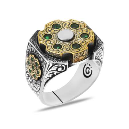 Yeşil Zirkon Taşlı Kalem İşçilikli Dönen Çark Tasarım 925 Ayar Gümüş Erkek Yüzük - Tesbihane