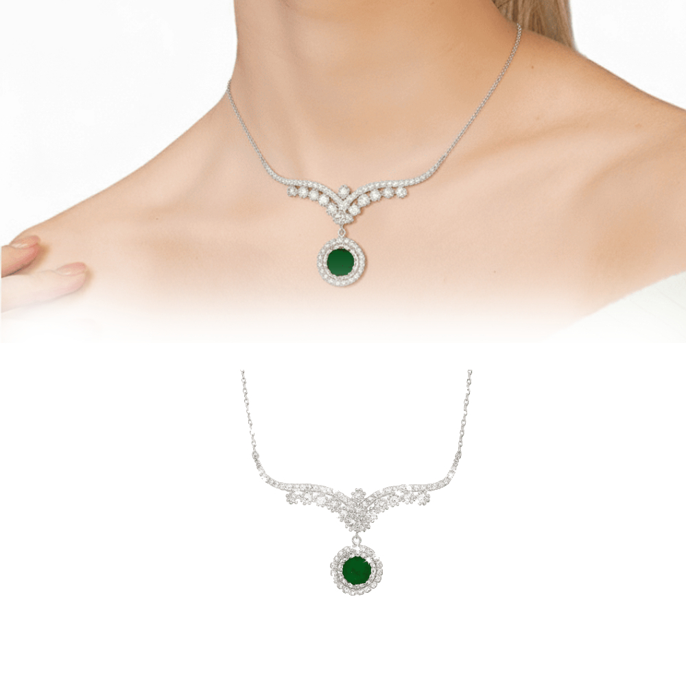 Yeşil Zirkon Taşlı Melek Kanadı Tasarım Gümüş Renk 925 Ayar Gümüş Bayan Kolye - 1