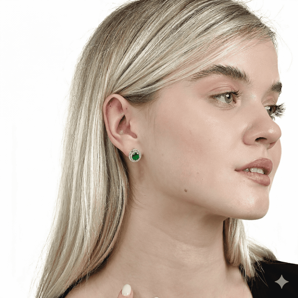 Yeşil Zirkon Taşlı Papatya Tasarım Gümüş Renk 925 Ayar Gümüş Bayan Küpe - 2