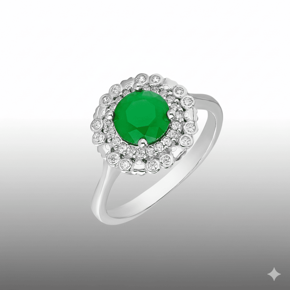 Yeşil Zirkon Taşlı Papatya Tasarım Gümüş Renk 925 Ayar Gümüş Bayan Yüzük - 3