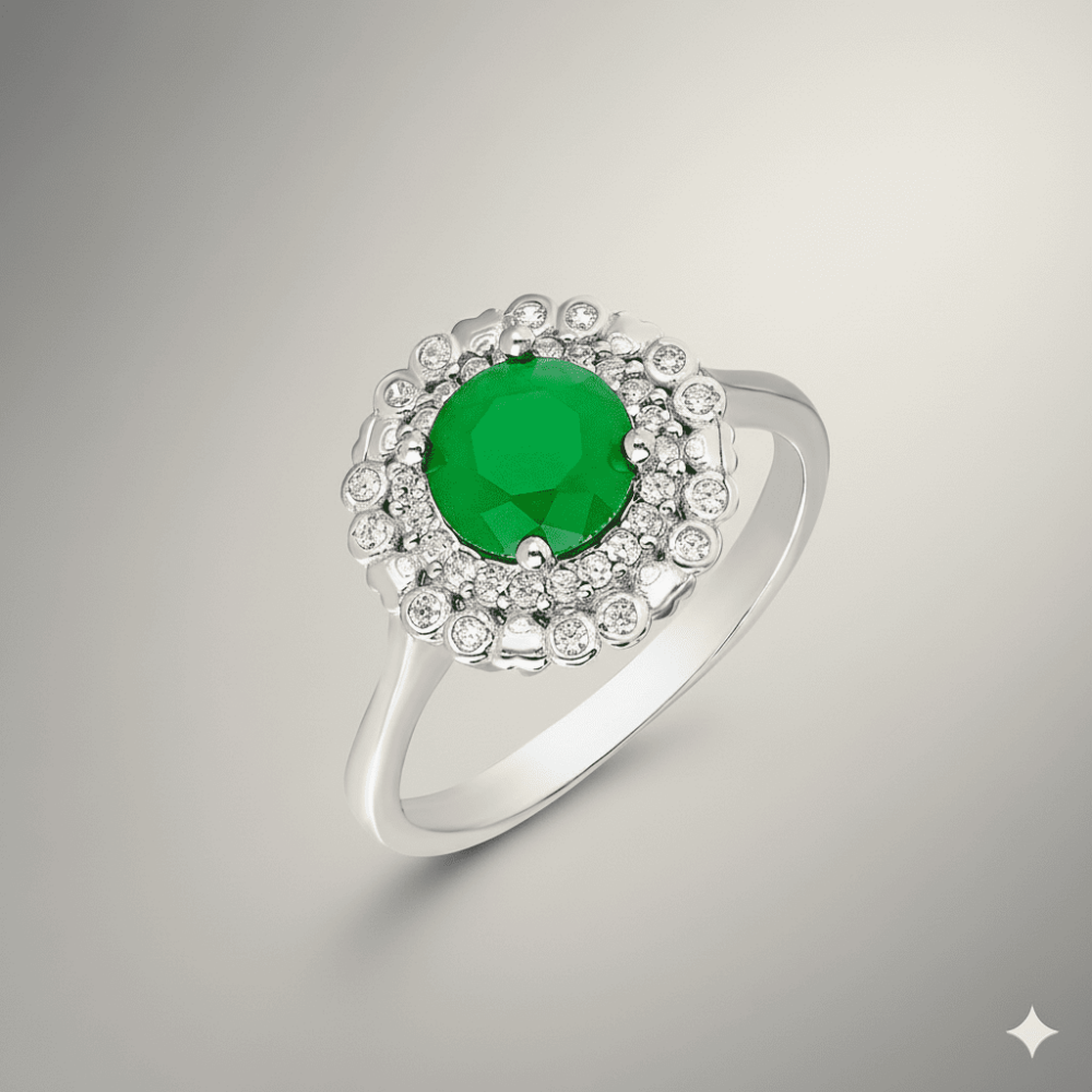 Yeşil Zirkon Taşlı Papatya Tasarım Gümüş Renk 925 Ayar Gümüş Bayan Yüzük - 5