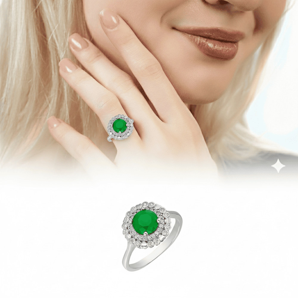 Yeşil Zirkon Taşlı Papatya Tasarım Gümüş Renk 925 Ayar Gümüş Bayan Yüzük - 1