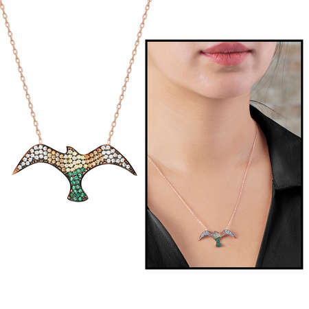 Yeşil ve Sarı Zirkon Taşlı Martı Tasarım 925 Ayar Gümüş Bayan Kolye - Tesbihane