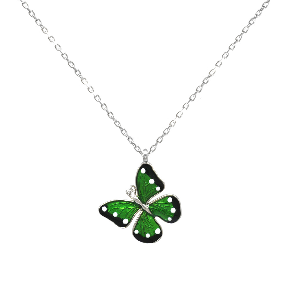 Yeşil ve Beyaz Mineli Kelebek Tasarım Gümüş Renk 925 Ayar Gümüş Kadın Kolye - 3