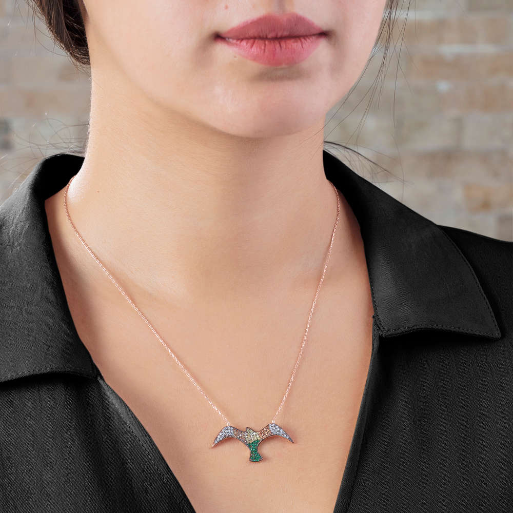 Yeşil ve Sarı Zirkon Taşlı Martı Tasarım 925 Ayar Gümüş Bayan Kolye - 2