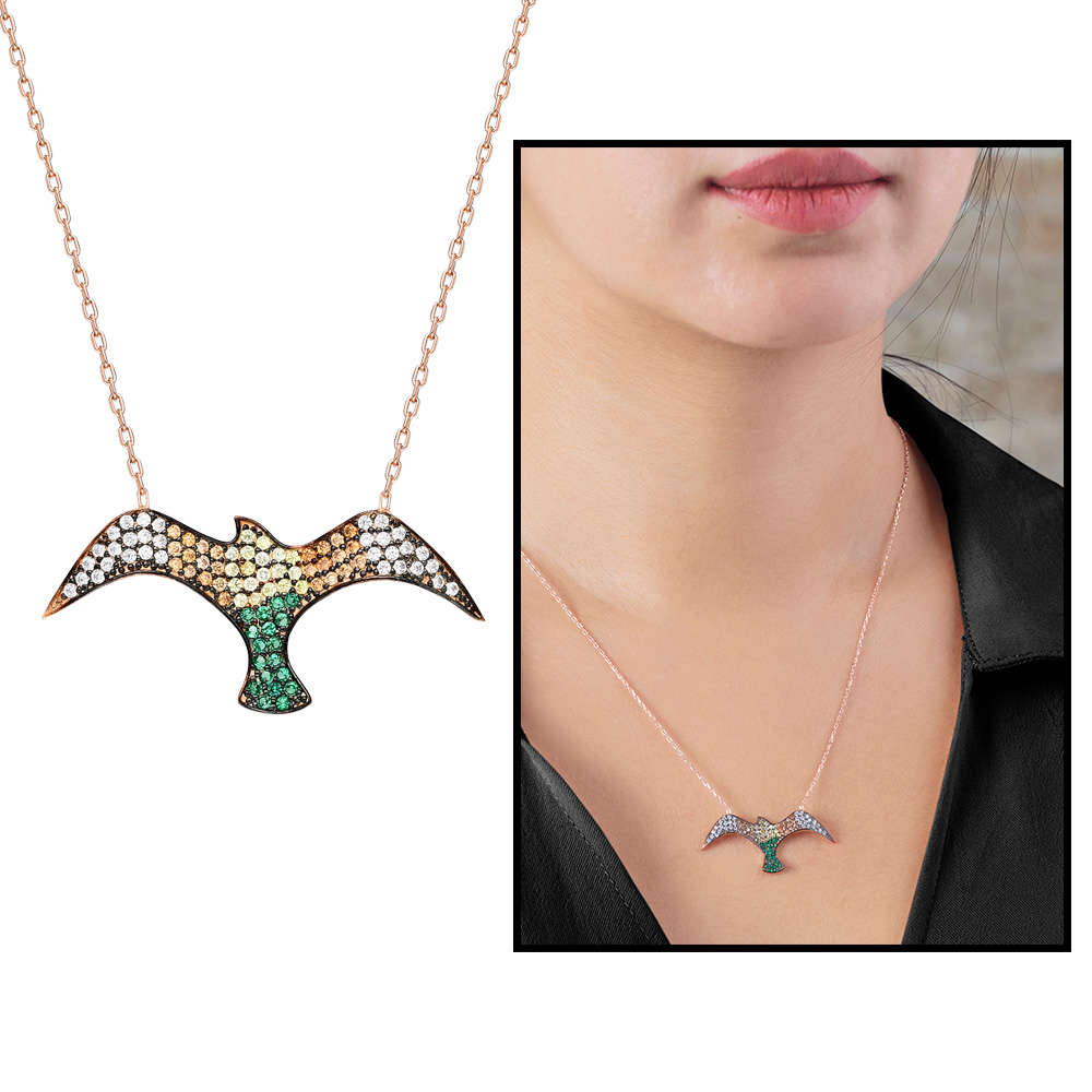 Yeşil ve Sarı Zirkon Taşlı Martı Tasarım 925 Ayar Gümüş Bayan Kolye - 1