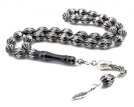 925 Ayar Gümüş Arnavut Püsküllü Gümüş İşlemeli Erzurum Oltu Taşı Tesbih - Tesbihane